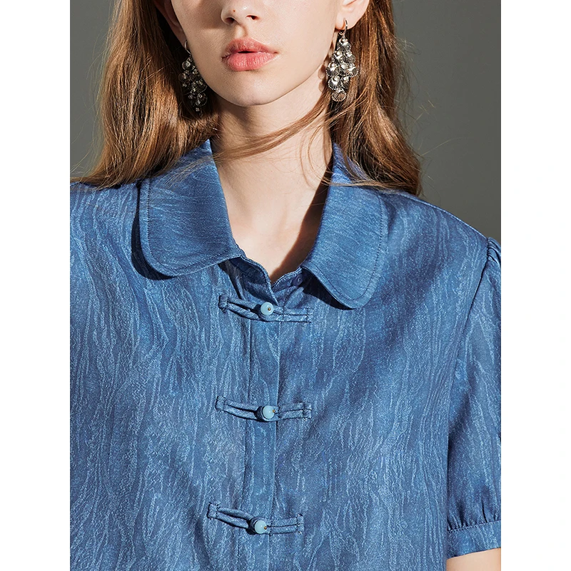 TOYOUTH Women Shirt 2024 Summer New Chinese Style Doll Neck Buff Sleeve Elegant Blue Tops