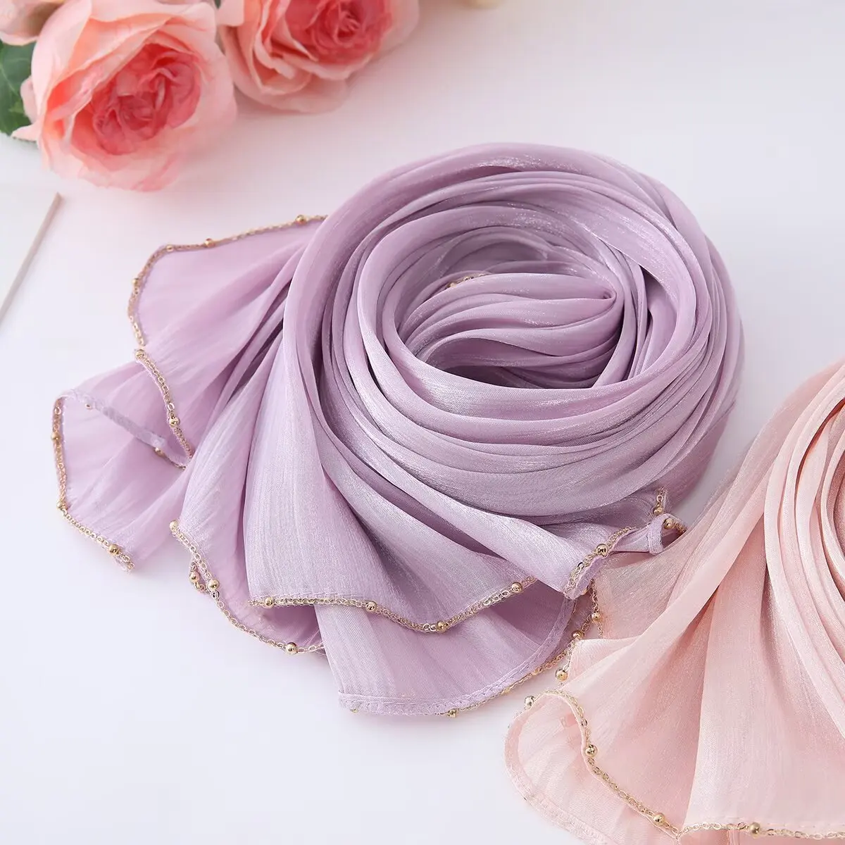 

Новый прозрачный блестящий шарф из бисера, атласная композитная пряжа, креп, шифон, сплошной цвет, хиджаб, платок, повязка на голову, сплошной цвет, длинный глушитель