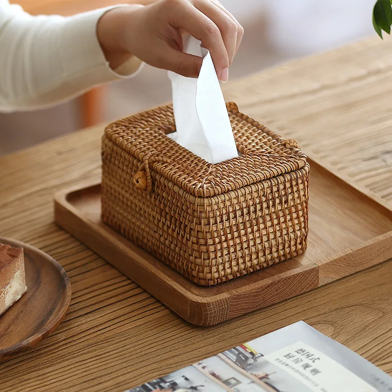 Rattan Tissue Box Desktop Toilet Paper Handkerchief Case Simple Napkin Holder Hand Woven Car Tissue Paper Dispenser Home Decor