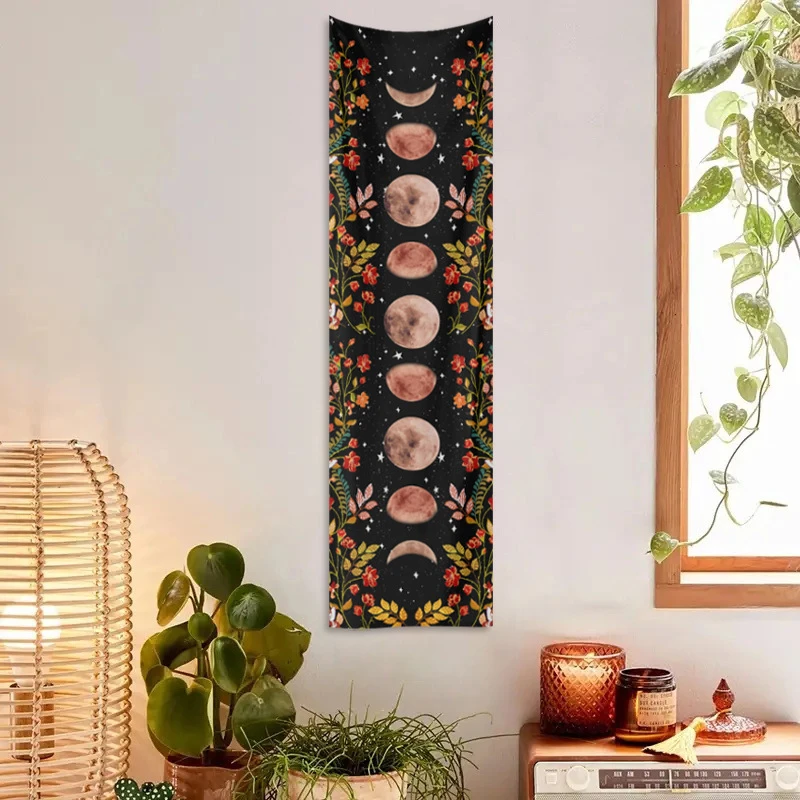 VIKAMA Vertical Moon Phase Mushroom Flower Tapestry Mystic Boho Celestial Aesthetic Wall Hanging Bedroom Dorm College Home Decor