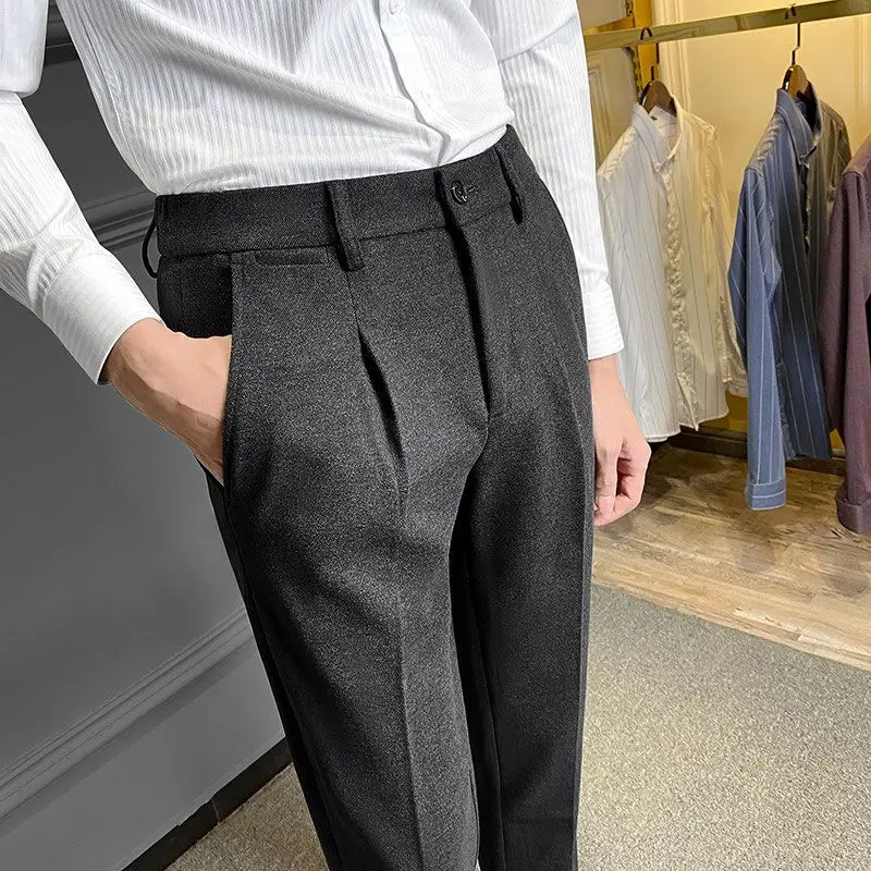 Woolen Casual Trousers Men's New Thick Straight Leg Business Slim Fit High-end Suit Pants