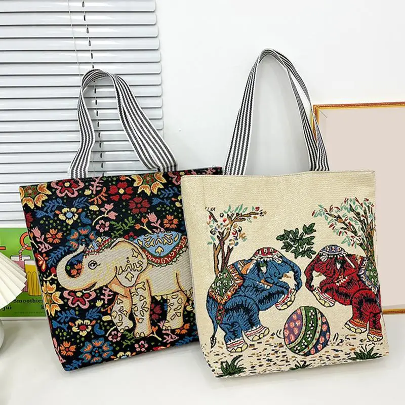 Handbag Canvas Embroidery Ethnic Pattern with Animal Motif Shopping Shoulder Bag for Girls Teens Women