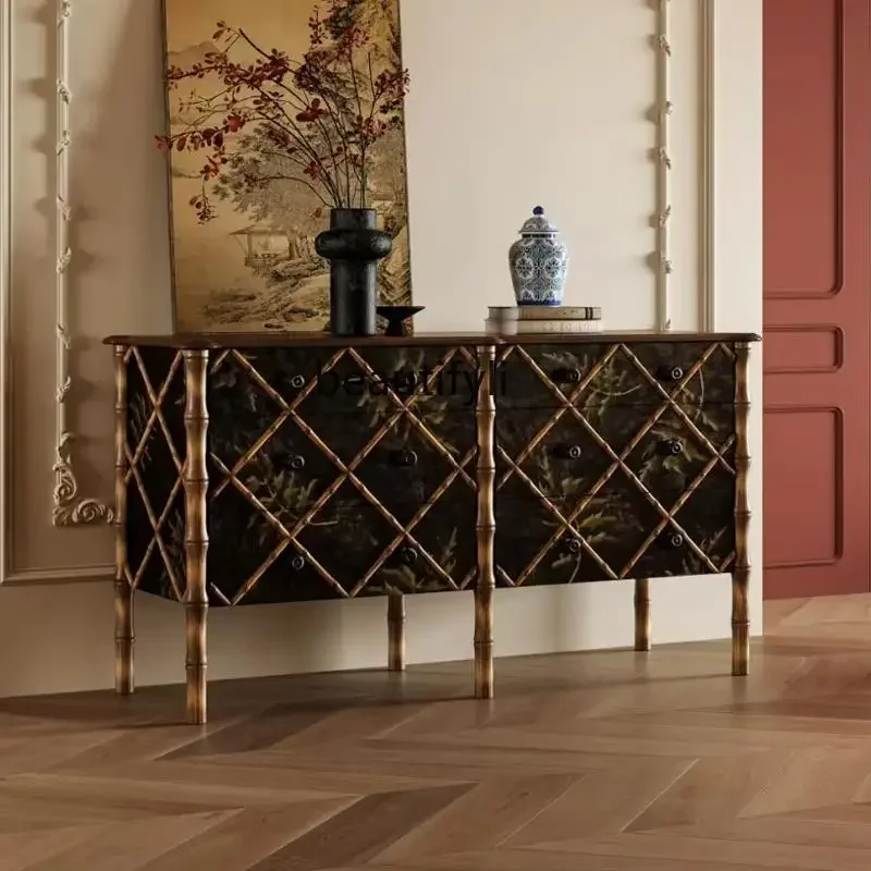 French Retro Solid Wood Storage TV Cabinet with Painted Drawers and Bamboo Grain Entryway Cabinet