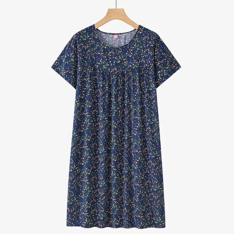 Pajama Dresses Short Sleeve Nightdresses Women Prints Sleepwear Easy to Wash Moms Loose Loungewear Dress Round Neck Pullover