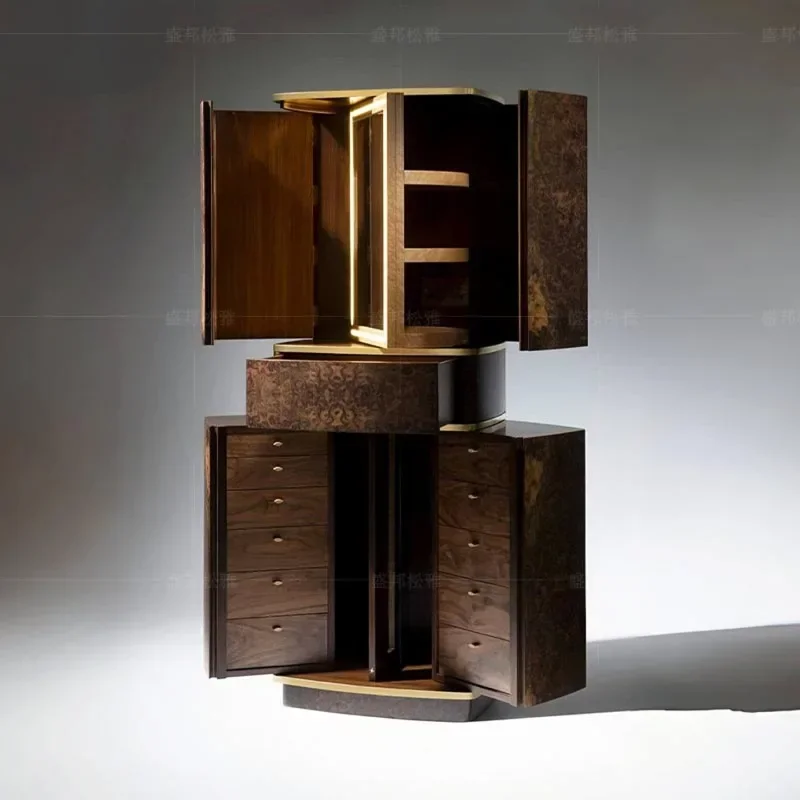 High-end solid wood dining side cabinet light luxury high-end home villa designer light strip tree tumor veneer drawer locker