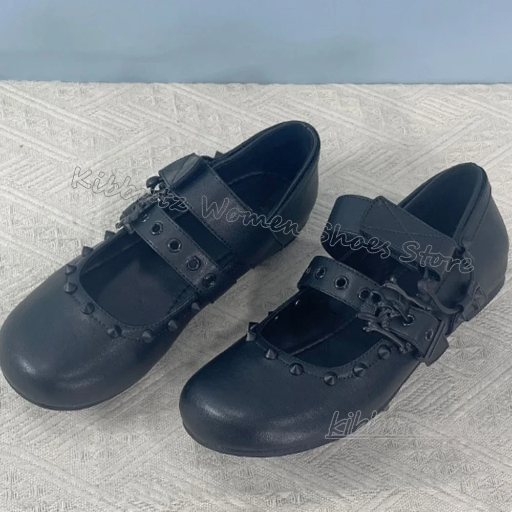 Gothic Ballet Pumps Punk Rock Belt Buckle Rivets Solid Color Slip-On Fashion Novelty Luxury Sexy Shoes Square Toe Flat with New view 5