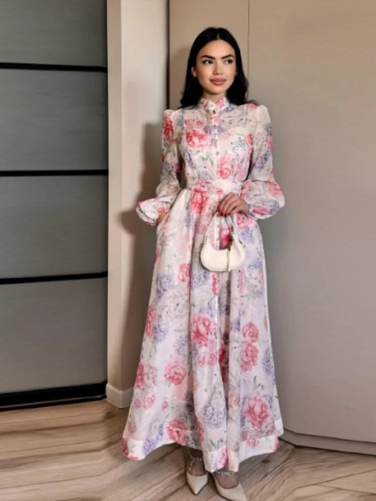 

Elegant Print Long Sleeve Dress Women Loose Stand Collar Single Breasted Lace Up See Through Robe 2025 New Fashion Lady Vestido