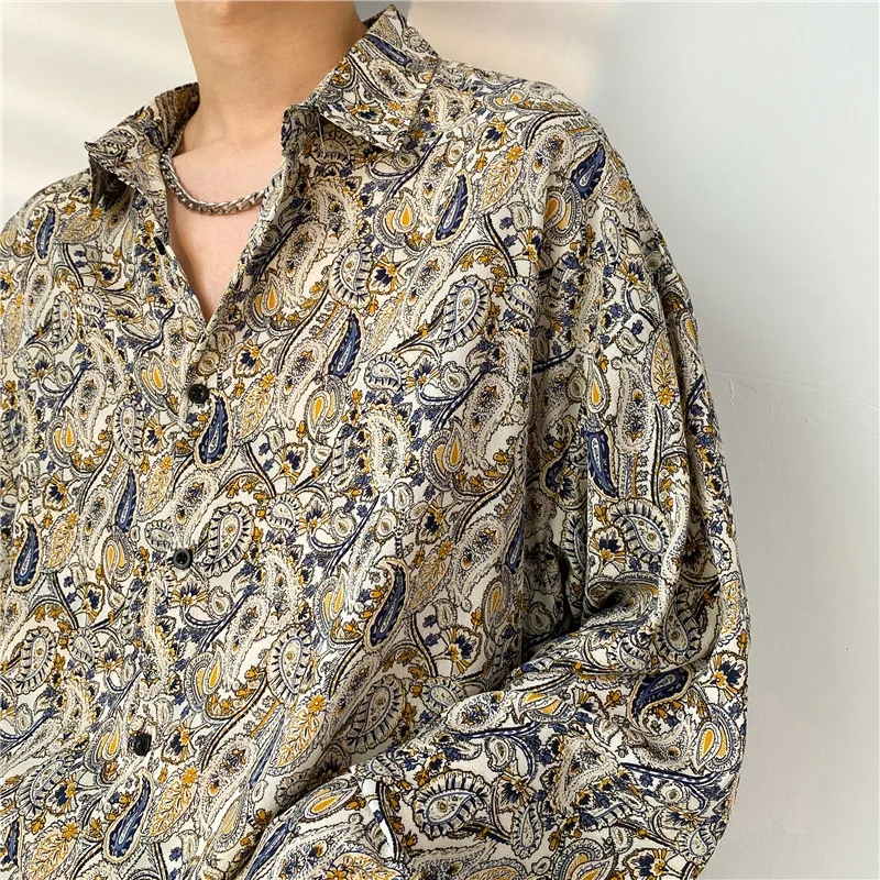 Spring Summer New Cashew Flower Print Shirt Korean style Loose Casual Long-sleeved Tee Tops All-Match Blouse Men