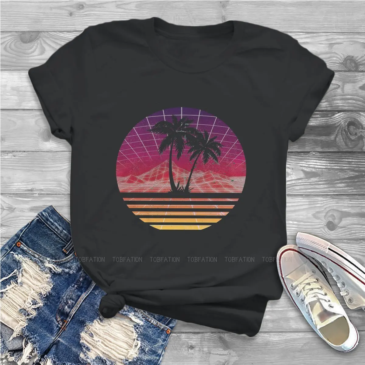 Sun 100% algodão tshirts retro moderno 80s corrida pôr do sol palmeira silhueta original da mulher t camisa 4xl topos