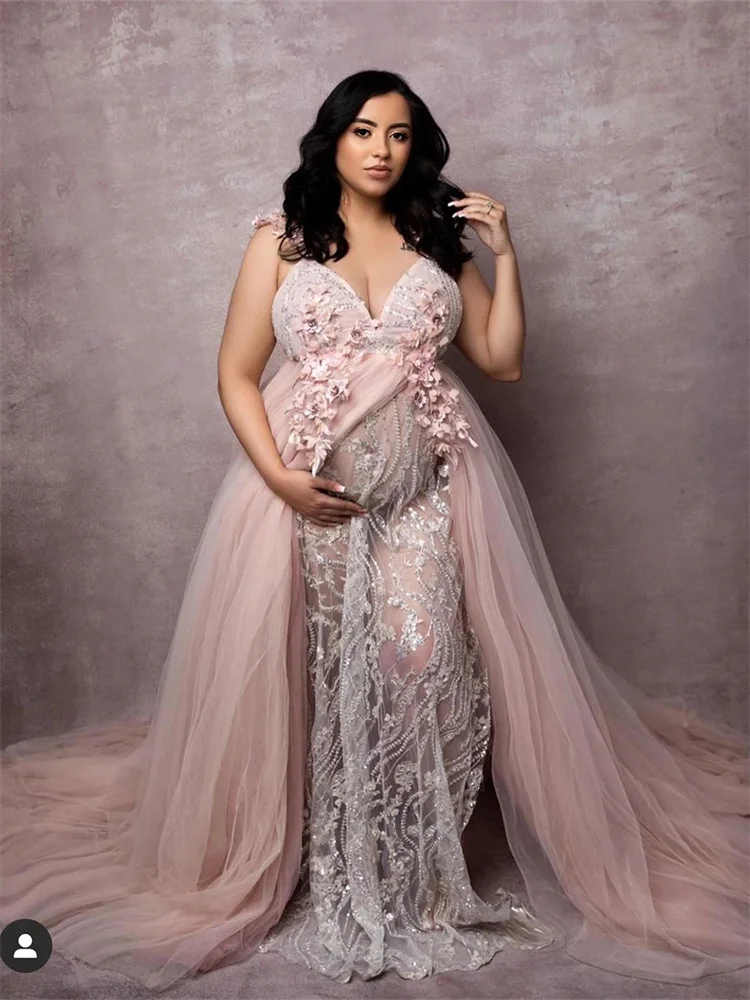 Exquisite Maternity Prom Dress V Neck Straps Pregnant Appliques Pajams Sleepwear Bathrobe Photoshot Fluffy Tiered Party Gowns