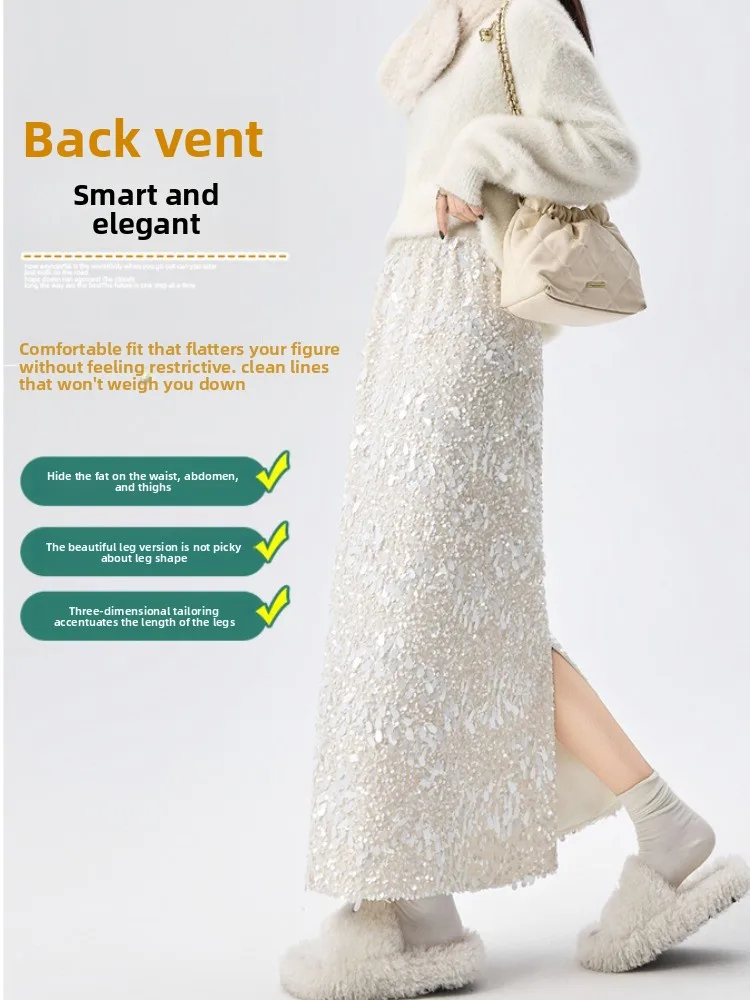 Spódnica z cekinami i frędzlami, damska, z wysokim stanem, o kroju litery A, prosty krój, z rozcięciem, łatwa w noszeniu, zimowa moda, spódnica damska.