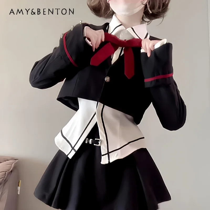 

Japanese Sweet Girl Subculture Jk Uniform Suit Preppy Style Sweet Long Sleeves Shirt Short Suit Pleated Skirt Three-piece Set