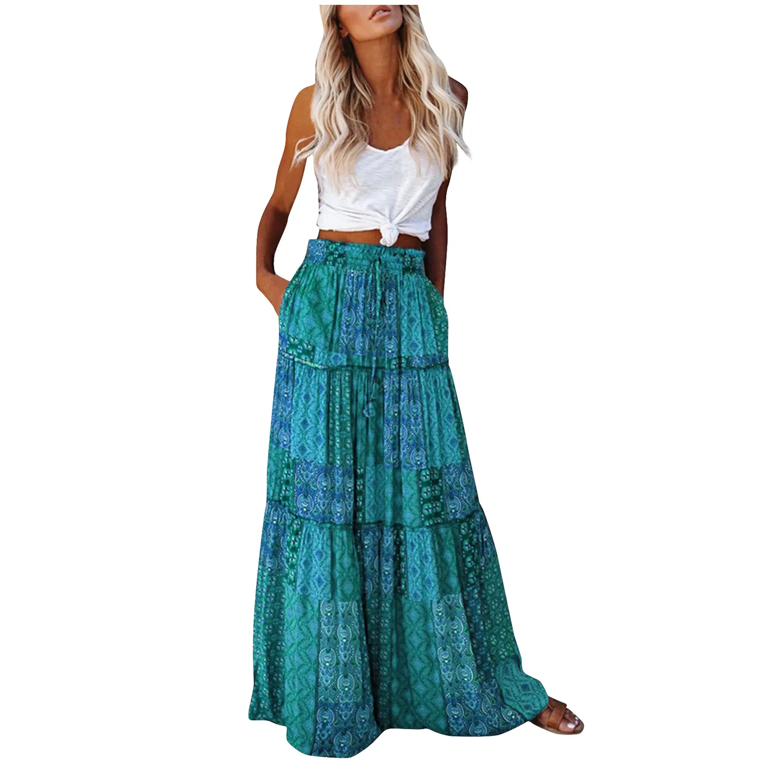 Ladies’ Fashion Bohemian Flower Printing Elastic Waist Pleated Skirt Loose Casual Vintage High Waist Tie A-Line Long Skirt