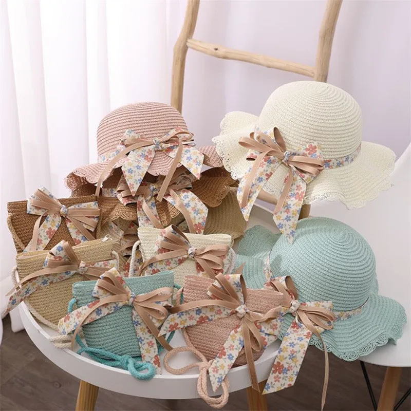 Summer Parent-child Beach Hat Female Casual Panama Hat Lady Brand Women Flat brim Bowknot Straw cap girls Sun Hat