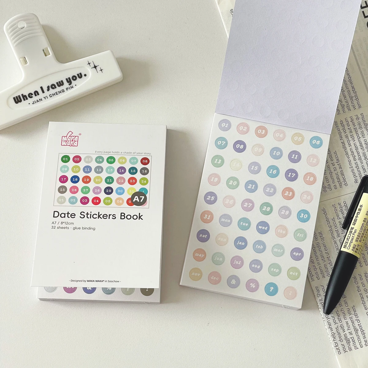 WAKAWAKA 32 Sheets A7 Writable Date Stickers White Kraft Paper Die-Cut Month Week Number Index Labels for Journal Planner