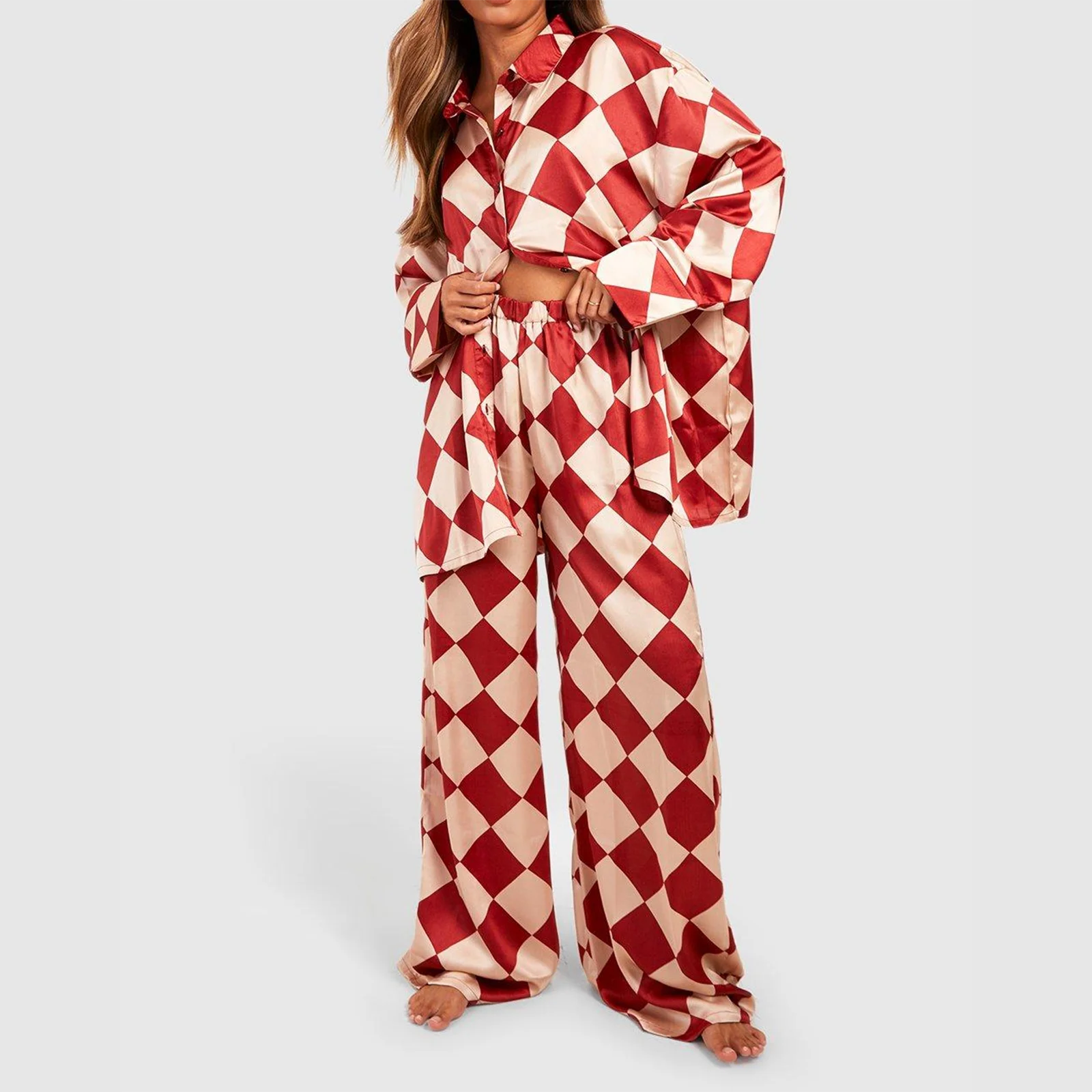 HEZIOWYUN Women's 2Piece Checkerboard Print Loungewear Pajama Set Long Sleeve Lapel Button Down Tops + Pants Oversized Sleepwear