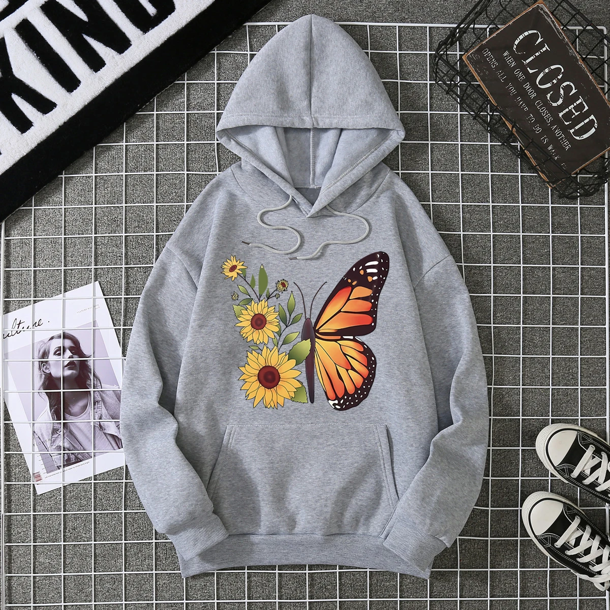 Butterfly Chrysanthemum Print Hooded Sweater Pure Cotton Loose Casual High Quality Retro Outfit Graphic Trend Hoodie Sweatshirt