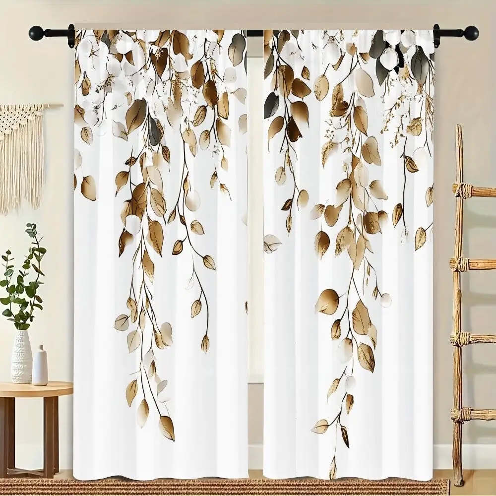 2Pcs Curtain Brown Gold Beige Leaves And White Flowers Window Drapes For Bedroom Living Room Decoration Window Treatment.