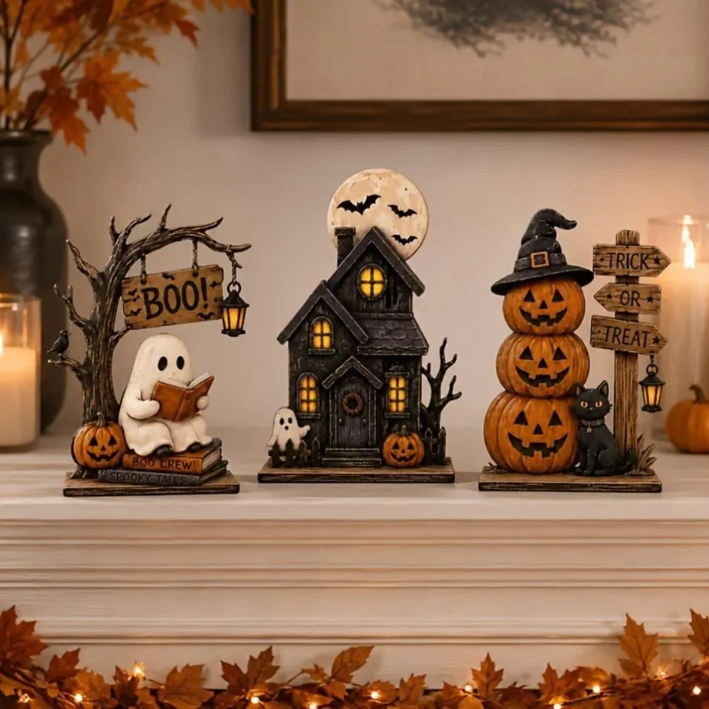 3/6/9 pcs Vintage Halloween Wooden Tabletop Decor Ghost Black Cat Pumpkin Haunted House Shelf Fall Party Ornament