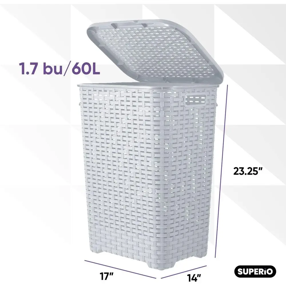 Laundry Hamper with Lid 60 Liter Ivory (2 Pack) Plastic Wicker Large Hampers Basket with Cutout Handles, Deluxe Bin to Storage D
