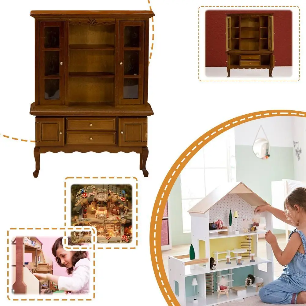 Mini aparador de almacenamiento 1:12, mueble en miniatura de nogal Retro, modelo de comedor, gabinete de almacenamiento