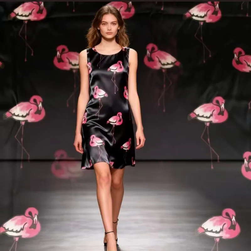 Wildlife Weiß-Rot Flamingo Inkjet-Druck Maulbeerseide Stoff Spandex Weich Echte 97% Seide Romantische Party Sommerkleid Stoffe