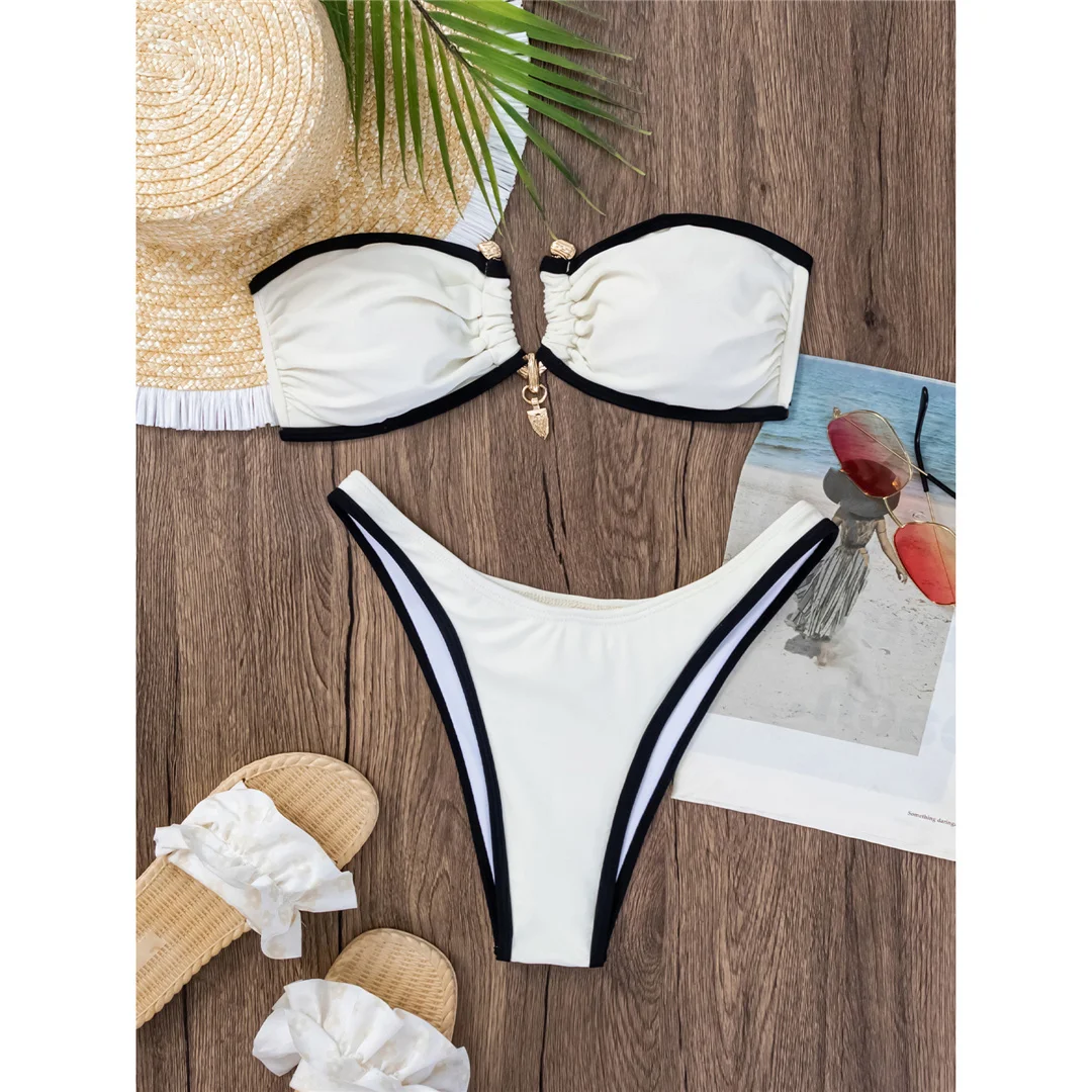 Bandeau-Splicing-Bikini mit Metallring, brasilianischer Bikini, Damen-Badebekleidung, zweiteiliger Bikini-Set, Badeanzug, Badebekleidung, Schwimmbikini V5651 – Detail 20