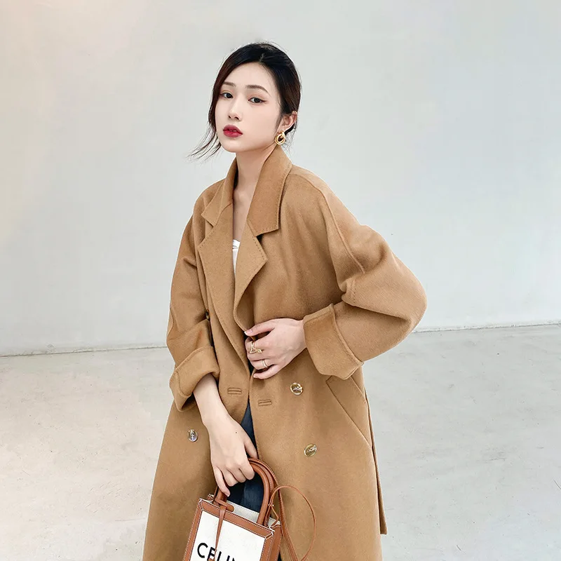 Buirtraptor Women's High-End Autumn Cashmere Coat Long Brown White Wool Double Breasted Lace up Classic Style