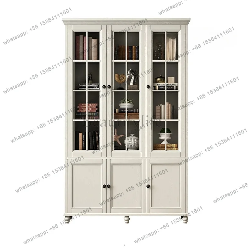 

zj American all solid wood three-door bookcase white floor-to-ceiling with glass door bookshelf ash wood locker