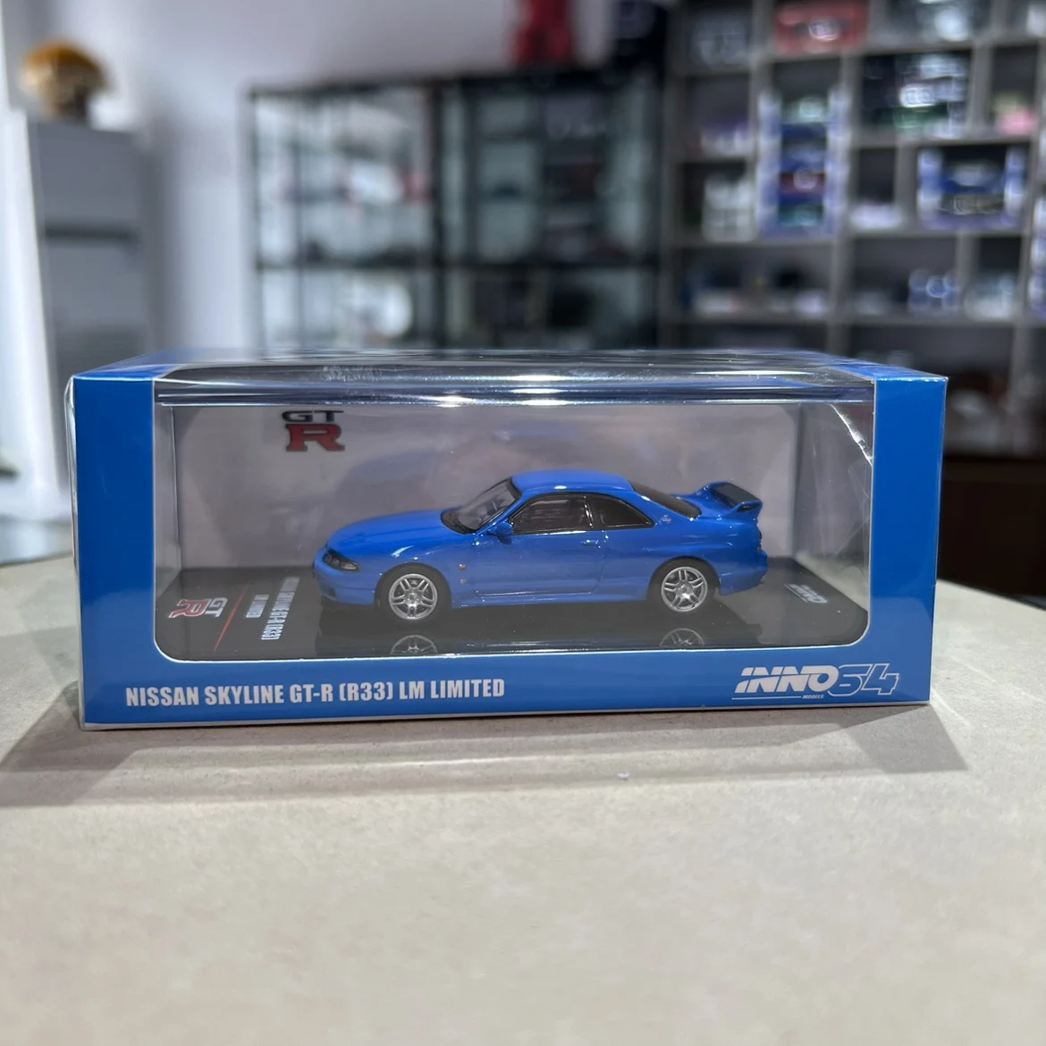 日産-車のスカイライン,モデルgt-r r33 lm,青色,1:64