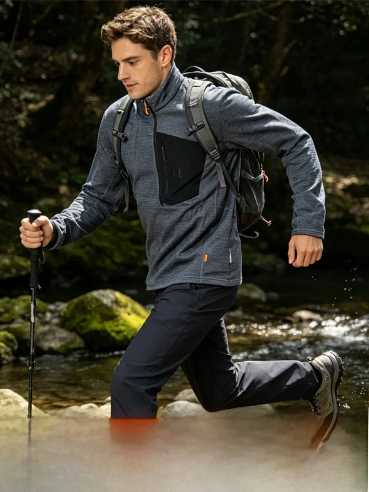 Outdoor Men's Base Shirt Stand Collar Pressed Glue Thin Fleece Spring New Function Inner Block Polyester Fiber Long Sleeve T-...