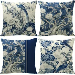Blue and white porcelain crane decorative pillowcase, ultra-soft polyester material living room sofa backrest car pillowcase