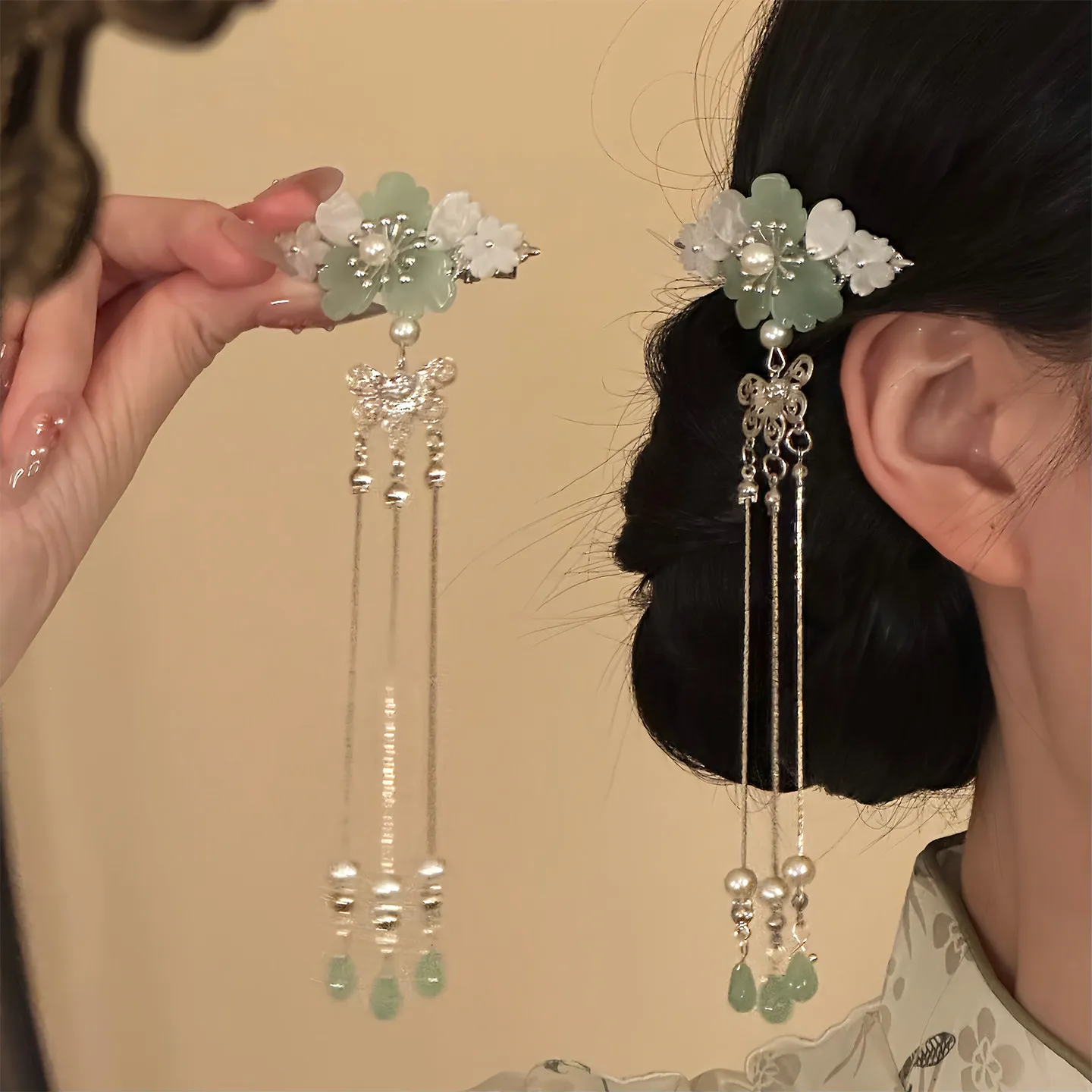 Vintage Chinese Style Hanfu Flower Tassel Hair Clip Faux Pearl Imitation Jade Side Hairpin For Women Cheongsam Cosplay Party Dai
