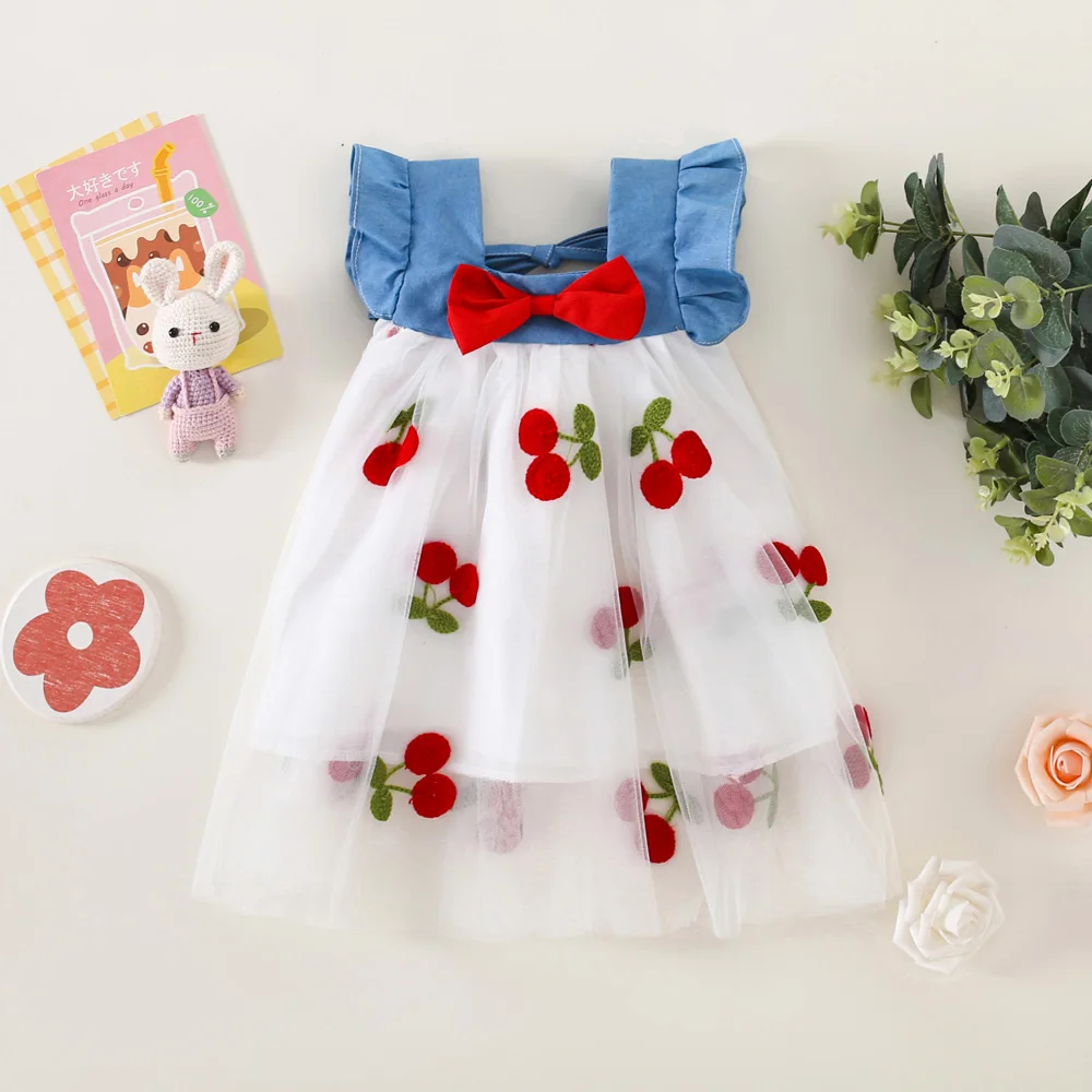 Cute Girl Dress Summer Children\'s Denim Strap Bow Cherry Embroidered Mesh Little Flying Sleeve Princess Dress