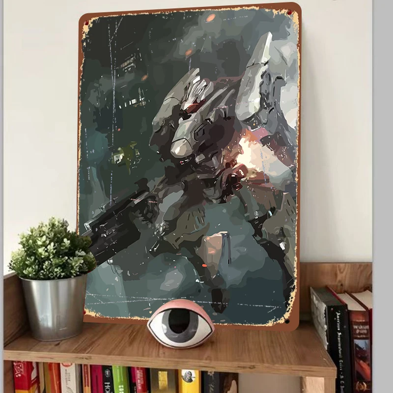 Mecha Warrior Metal Iron Painting Cyberpunk Style Wall Art Home Decor for Living Room Bedroom Study Room
