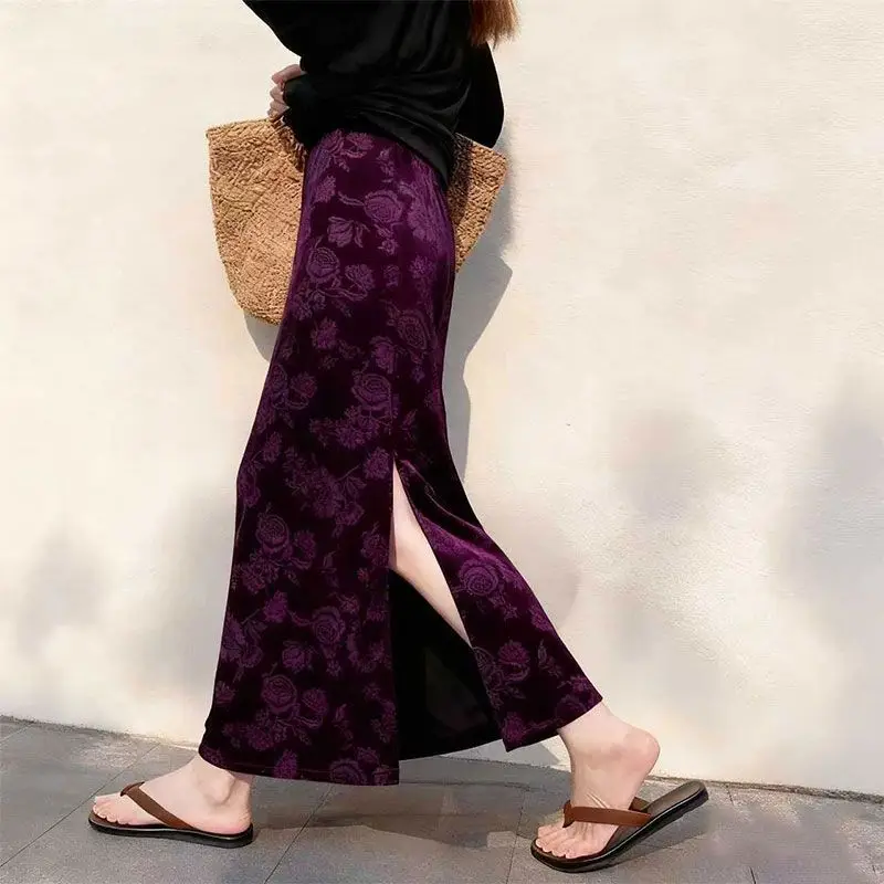 2025 National Style Autumn and Winter Jacquard Velvet Skirt Slimming New Bottom Slit Step Women's Skirt