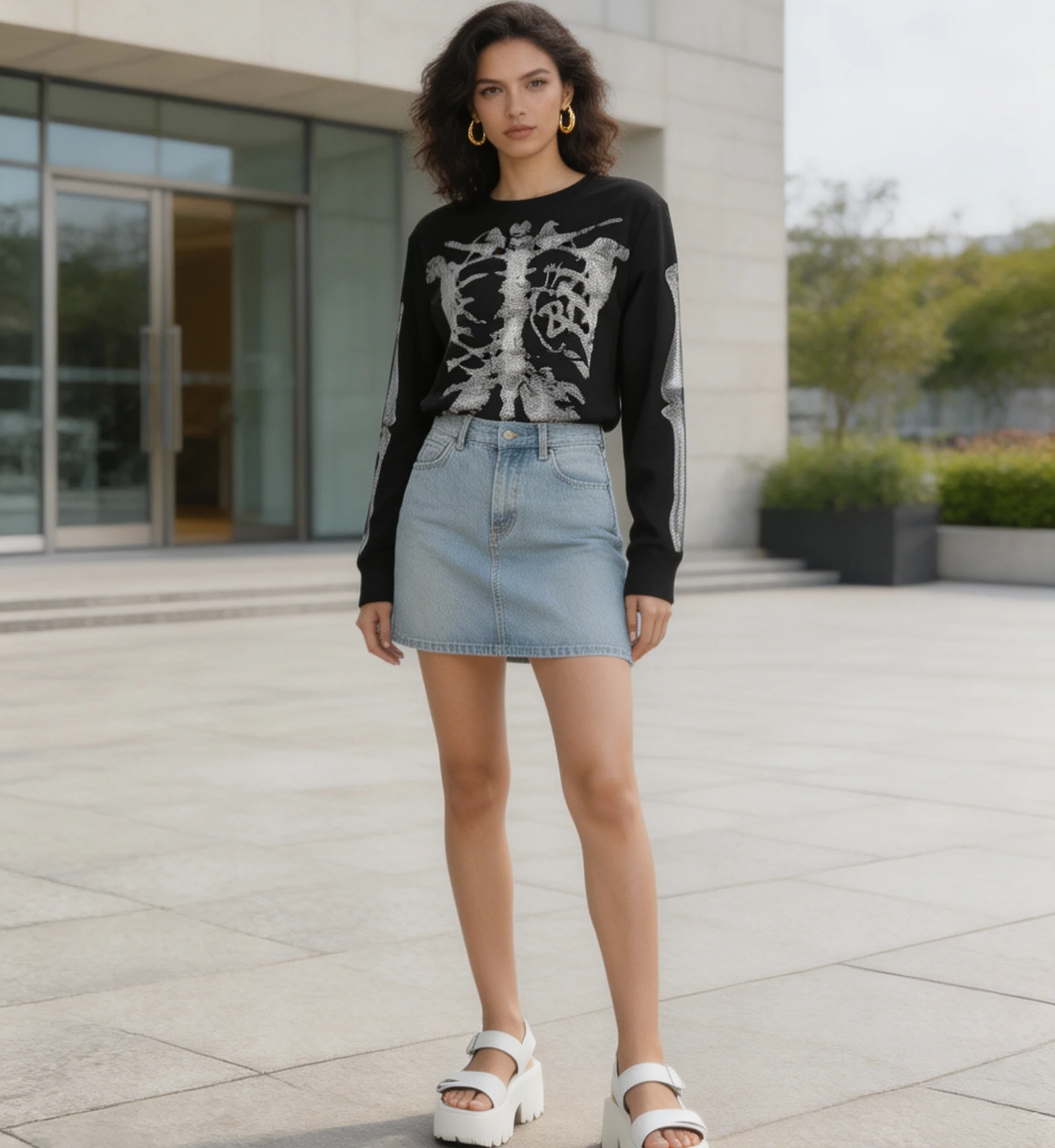 Herbst- und Winter-T-Shirt im amerikanischen Street-Punk-Stil mit Sternum-Print, trendigem, coolem Design und Waffelstruktur. – Detail 3