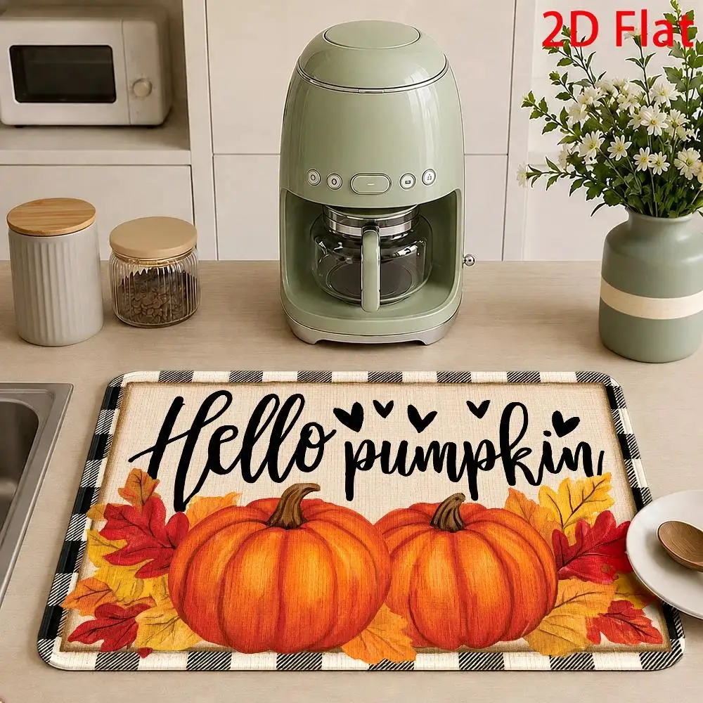 Fall Pumpkin Dish Drying Mat Hello Pumpkin Buffalo Plaid Counter Mat Absorbent Microfiber Coffee Bar Kitchen Countertop Pad