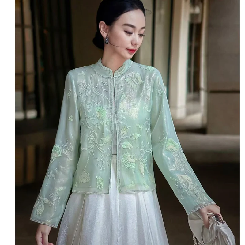 Spring / Autumn New Standing Collar Bead Embroidered Butterfly Silk Organza Fabric Hidden Buckle Design Fashion Women's Jacket