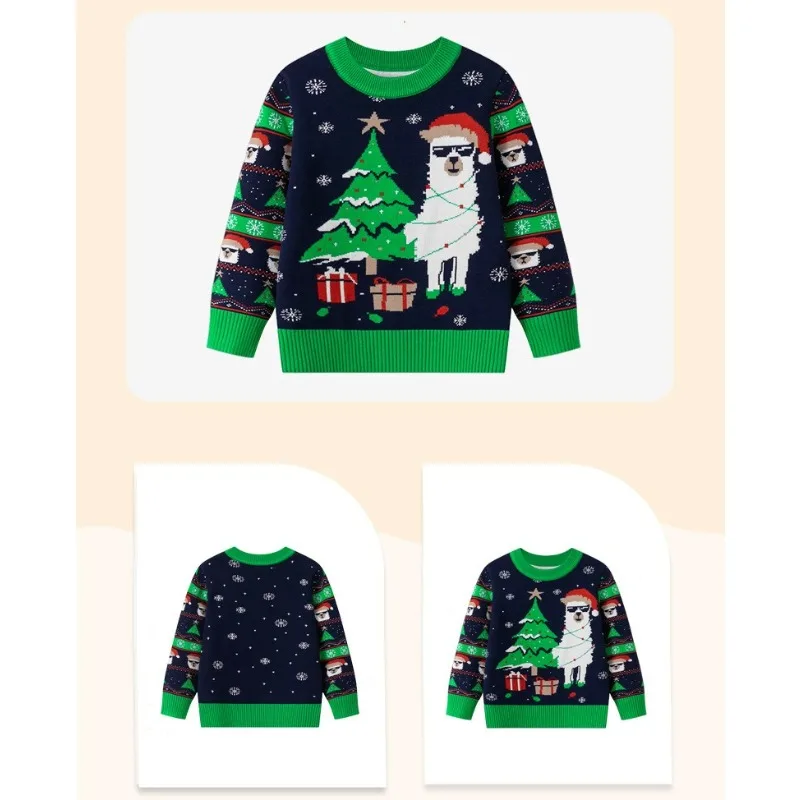 2026 Autumn Winter New Christmas Costume Cartoon Sweater Printed Long Sleeved Round Neck Alpaca Pullover for Boys Girls Outfits