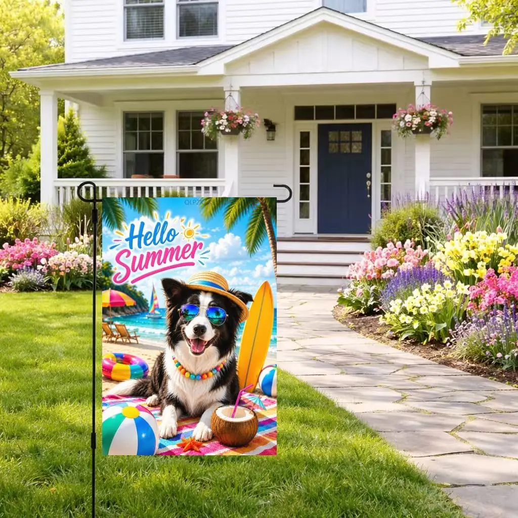 Hello Summer Beach Border Collie Garden Flag Tropical Beach Flag 12x18 Inch Double Sided Yard Small Summer Flag For Outside  PPZ