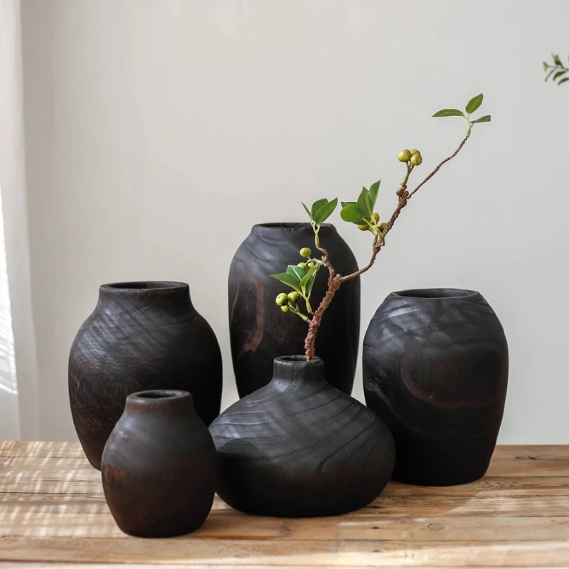 Wabi-sabi Style Wooden Vase Minimalist Dried Flower Arranger Zen Meditation Floral Display Vase Entryway Living Room Decoration