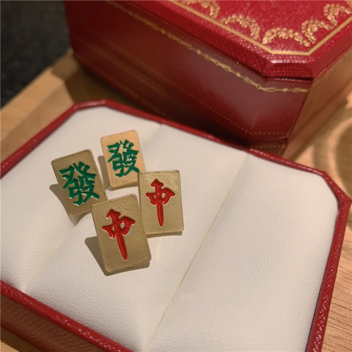 2024 New Design Mahjong Earrings for Women Golden Red Color Fashion Jewelry New Year Make A Fortune Lucky Gifts Charm Earring