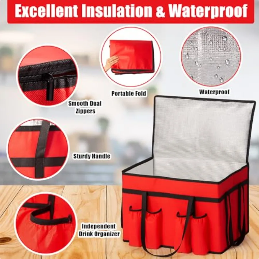 6 sacos isolados da entrega de alimentos dos pces com 4 suporte de copo 3xl caixa refrigeradora com portador da bebida 23w x 15h x 14d saco dobrável da entrega zi