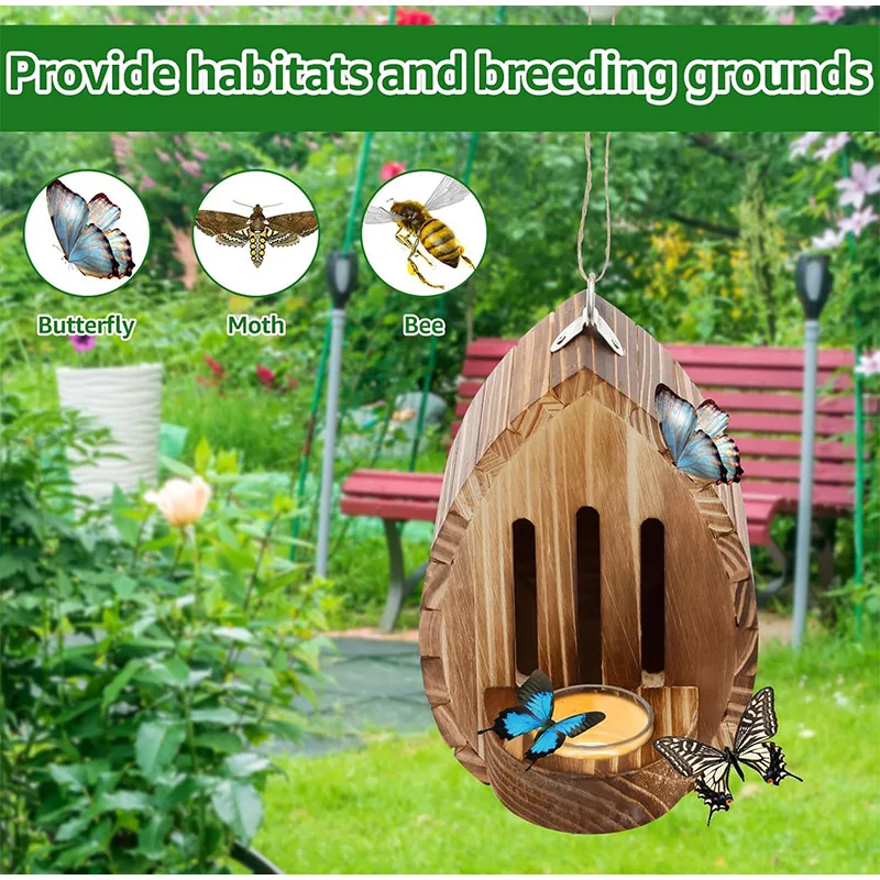 Wooden Butterfly Feeder Suspended Bee Butterfly House With Rope Garden Decor Bee Nest Box Balcony Multifunctional Moth Habitat