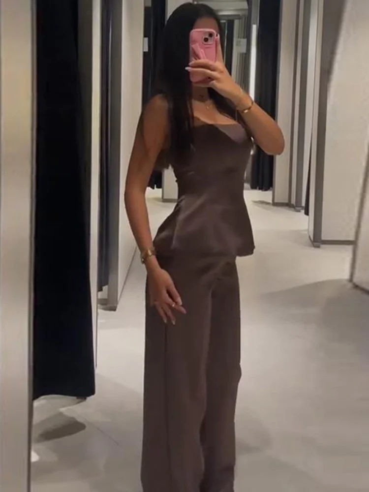 جديد الساتان السراويل الطويلة مجموعات للنساء أنيقة سترة دون حمالات القمم واسعة الساق السراويل الفضفاضة 2 قطعة مجموعات سيدة شيك الشارع وتتسابق