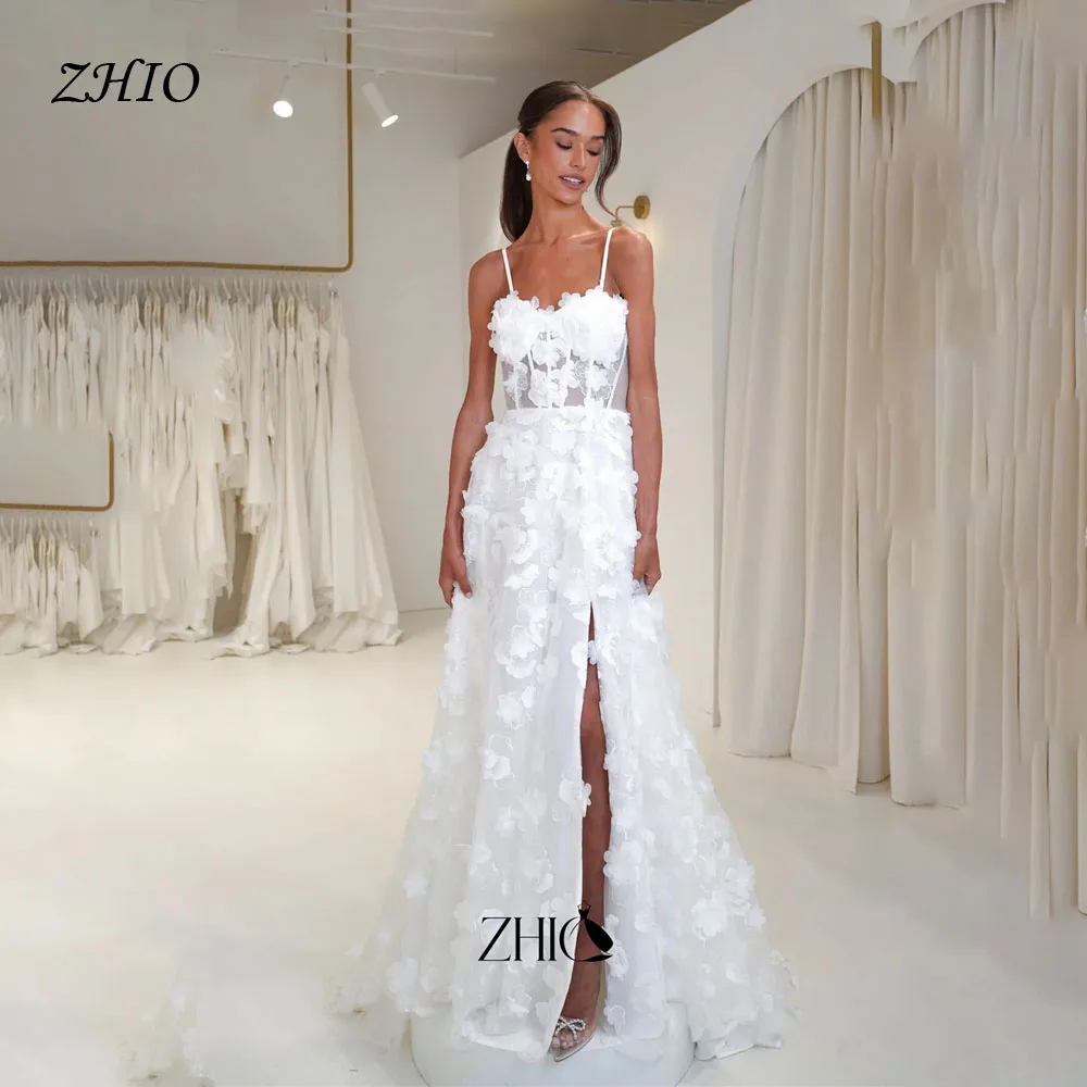 ZHIO Fascinating Ivory Spaghetti Strap A-Line Evening Dress Floral Appliques Split Prom Wedding Party Gowns Vestidos Customized