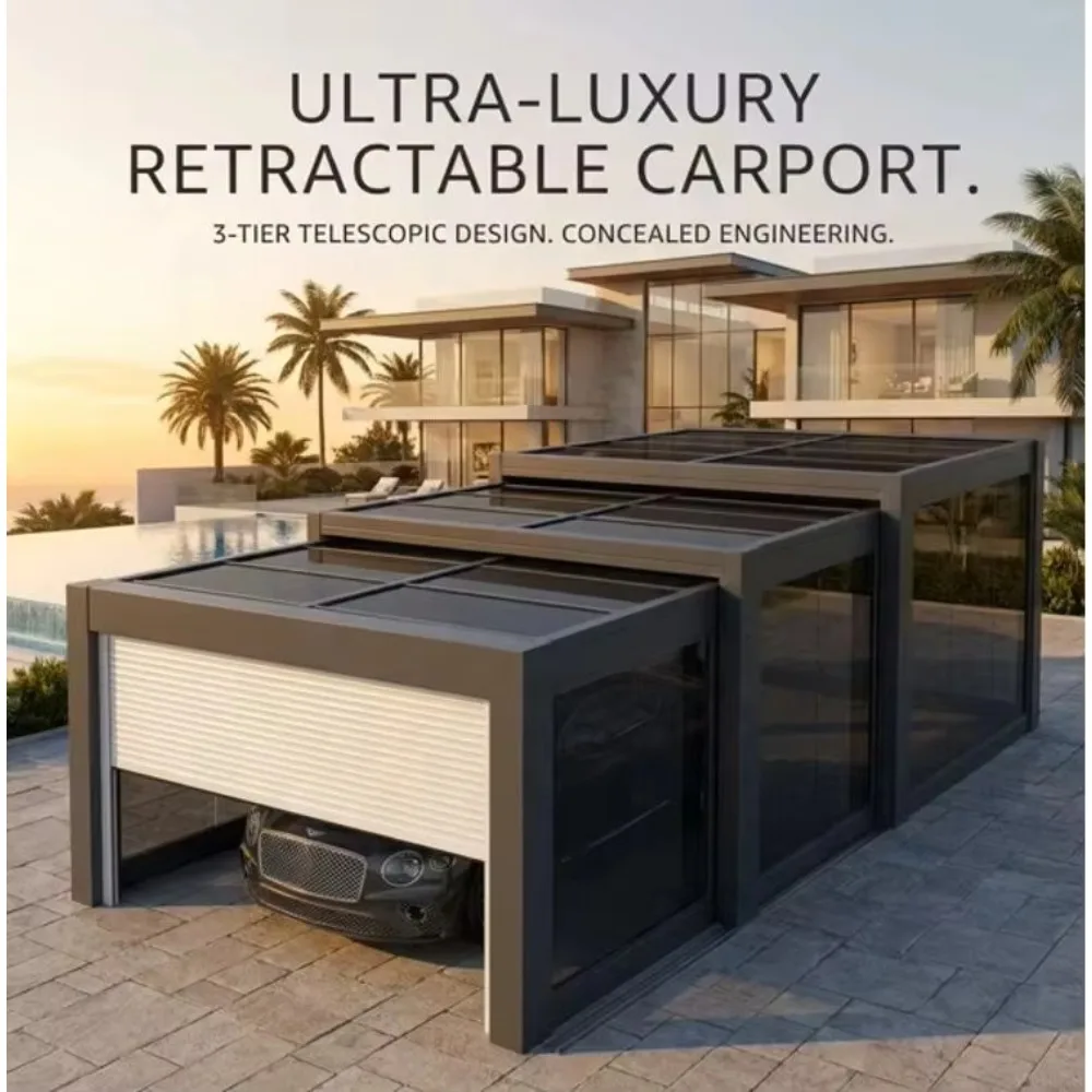Electric Retractable Sunroom Movable Folding Aluminum, Smart Automatic Garage Carport Canopy Shelter for Residential Hotel Villa