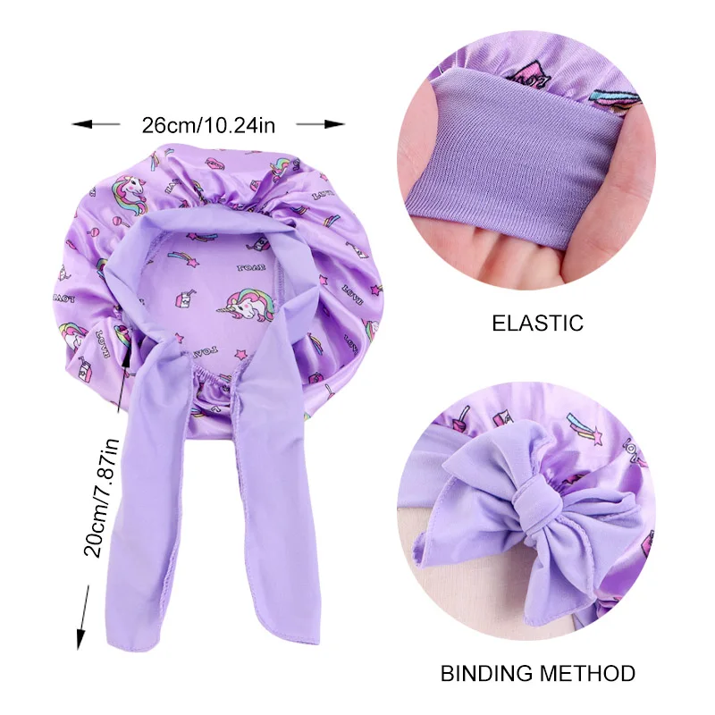 New Kids Unicorn Pattern Satin Bonnet Wide Elastic Band Sleeping Cap for Curly Natural Hair Child Night Caps Toddler Shower Cap