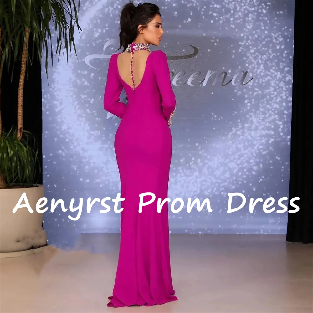 Aenyrst Mermaid Long Sleeves Saudi Arabia Evening Dresses Satin Side Split Crystal Prom Gowns Floor Length Formal Occasion Dress